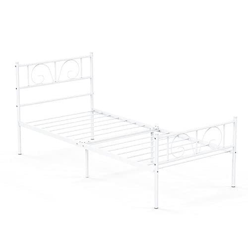 Twin Size Bed Frame 12 Inch Metal Platform Bed Frames Twin Mattress Foundation Single Beds with Headboard and Footboard, Easy Assembly, White