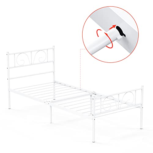 Twin Size Bed Frame 12 Inch Metal Platform Bed Frames Twin Mattress Foundation Single Beds with Headboard and Footboard, Easy Assembly, White