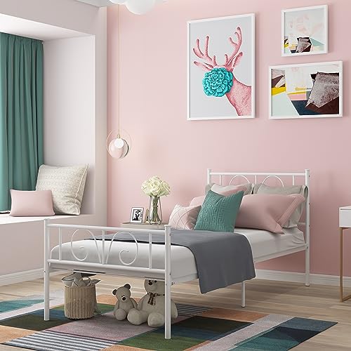 Twin Size Bed Frame 12 Inch Metal Platform Bed Frames Twin Mattress Foundation Single Beds with Headboard and Footboard, Easy Assembly, White