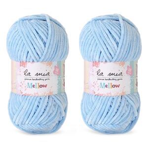 2 skein la mia mellow velvet chenille yarn for knitting and crocheting baby clothes, blankets and accessories, 100% polyester, 100 gr (3.5 oz) / 115 m (125 yards), super bulky, baby blue - 907