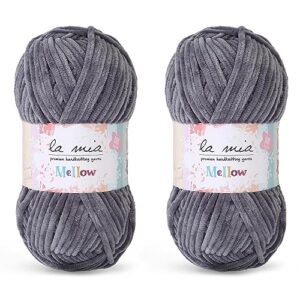 2 skein la mia mellow velvet chenille yarn for knitting and crocheting baby clothes, blankets and accessories, 100% polyester, 100 gr (3.5 oz) / 115 m (125 yards), super bulky, grey - 905