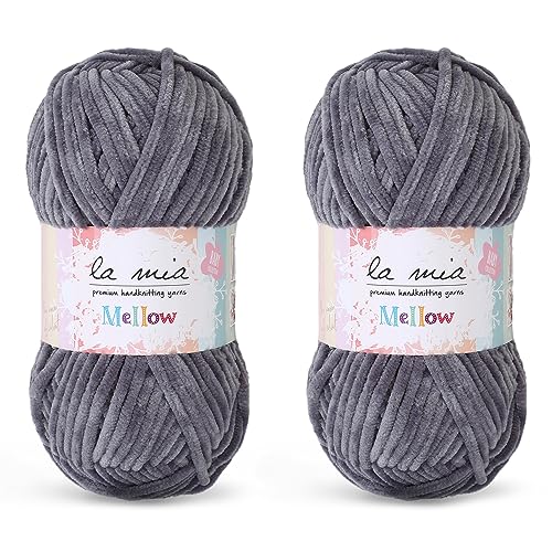 2 Skein La Mia Mellow Velvet Chenille Yarn for Knitting and Crocheting Baby Clothes, Blankets and Accessories, 100% Polyester, 100 gr (3.5 oz) / 115 m (125 Yards), Super Bulky, Grey - 905