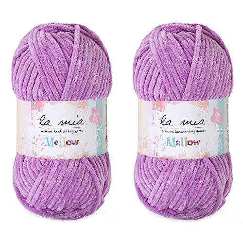 2 Skein La Mia Mellow Velvet Chenille Yarn for Knitting and Crocheting Baby Clothes, Blankets and Accessories, 100% Polyester, 100 gr (3.5 oz) / 115 m (125 Yards), Super Bulky, Purple - 941
