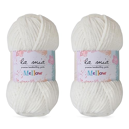 2 Skein La Mia Mellow Velvet Chenille Yarn for Knitting and Crocheting Baby Clothes, Blankets and Accessories, 100% Polyester, 100 gr (3.5 oz) / 115 m (125 Yards), Super Bulky, Cream - 910