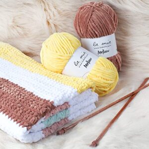 2 Skein La Mia Mellow Velvet Chenille Yarn for Knitting and Crocheting Baby Clothes, Blankets and Accessories, 100% Polyester, 100 gr (3.5 oz) / 115 m (125 Yards), Super Bulky, Cream - 910