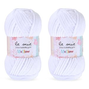 2 skein la mia mellow velvet chenille yarn for knitting and crocheting baby clothes, blankets and accessories, 100% polyester, 100 gr (3.5 oz) / 115 m (125 yards), super bulky, white - 901