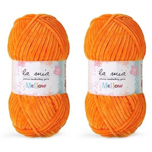 2 skein la mia mellow velvet chenille yarn for knitting and crocheting baby clothes, blankets and accessories, 100% polyester, 100 gr (3.5 oz) / 115 m (125 yards), super bulky, neon orange - 937