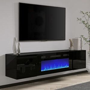 amerlife floating tv stand with 36" electric fireplace, high gloss finish wall mounted fireplace entertainment center with storage for tvs up to 78", black