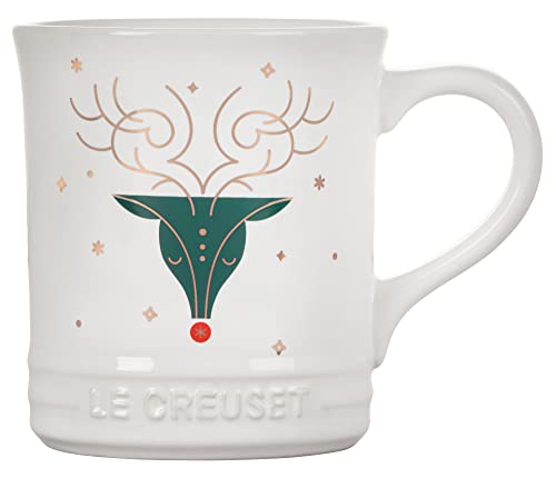 Le Creuset Stoneware Noel Collection Reindeer Face Mug, White w/Applique, 14 oz.