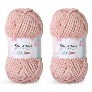 2 skein la mia mellow velvet chenille yarn for knitting and crocheting baby clothes, blankets and accessories, 100% polyester, 100 gr (3.5 oz) / 115 m (125 yards), super bulky, powder pink - 924