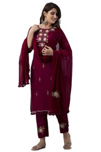 jg women's ethnic wear collection rayon straight embridered kurti & pant set with dupatta readymade salwar suit for women casual wear(maroon-x-large size)