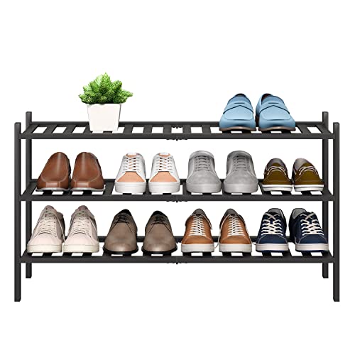 BMOSU Bamboo Shoe Rack for Entryway Stackable Shoe Shelf Premium Storage Organizer for Hallway Closet Living Room Bedroom Organizer(Black, 3-Tier L-33.3")