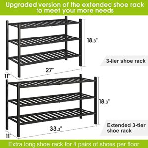 BMOSU Bamboo Shoe Rack for Entryway Stackable Shoe Shelf Premium Storage Organizer for Hallway Closet Living Room Bedroom Organizer(Black, 3-Tier L-33.3")