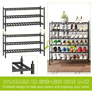 BMOSU Bamboo Shoe Rack for Entryway Stackable Shoe Shelf Premium Storage Organizer for Hallway Closet Living Room Bedroom Organizer(Black, 3-Tier L-33.3")