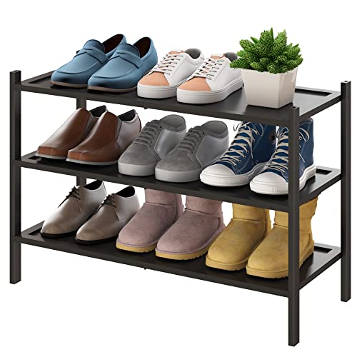 BMOSU 3-Tier Bamboo Shoe Rack Premium Stackable Shoe Shelf Storage Organizer for Hallway Closet Living Room Entryway Organizer(Black)