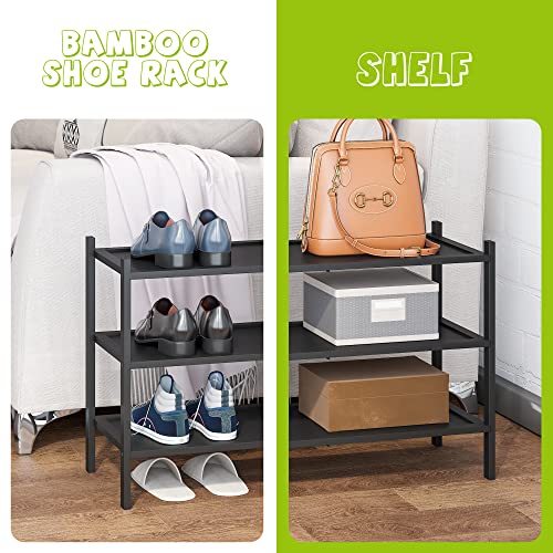 BMOSU 3-Tier Bamboo Shoe Rack Premium Stackable Shoe Shelf Storage Organizer for Hallway Closet Living Room Entryway Organizer(Black)