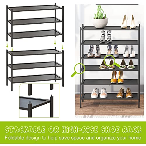 BMOSU 3-Tier Bamboo Shoe Rack Premium Stackable Shoe Shelf Storage Organizer for Hallway Closet Living Room Entryway Organizer(Black)