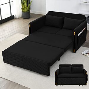 calabash sofa bed,pull out couch bed sleeper sofa,54" modern convertible velvet loveseat with 2 pillows and side pockets, small love seat sofa bed w/headboard for living room, apartment (black)