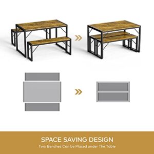 Gizoon 45.5" Dining Table Set for 4, Kitchen Table Set with 2 Benches, Dining Room Table Set with Metal Frame & MDF Board, Space-Saving Dinette for Kitchen, Dining Room -Retro