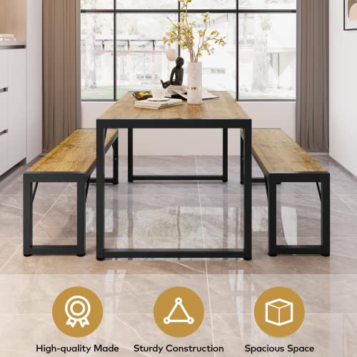 Gizoon 45.5" Dining Table Set for 4, Kitchen Table Set with 2 Benches, Dining Room Table Set with Metal Frame & MDF Board, Space-Saving Dinette for Kitchen, Dining Room -Retro