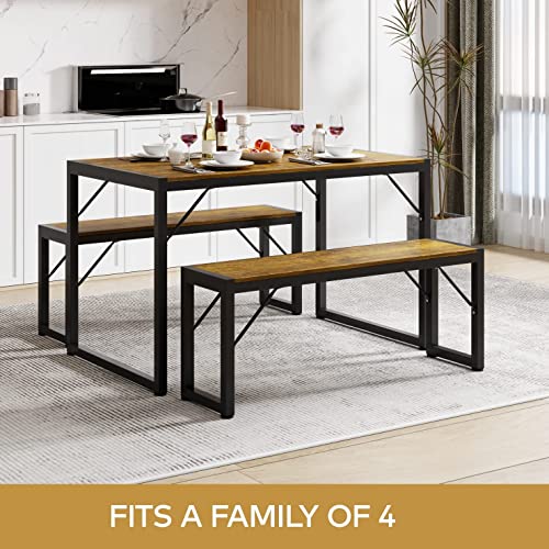 Gizoon 45.5" Dining Table Set for 4, Kitchen Table Set with 2 Benches, Dining Room Table Set with Metal Frame & MDF Board, Space-Saving Dinette for Kitchen, Dining Room -Retro