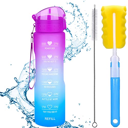 XACIOA 32oz/18oz Water Bottle with Straw & Motivational Time Marker, Leakproof BPA Free,Ensure You Drink Enough Water Throughout The Day for Fitness and Outdoor Sport-Straw Brush & Cup Brush