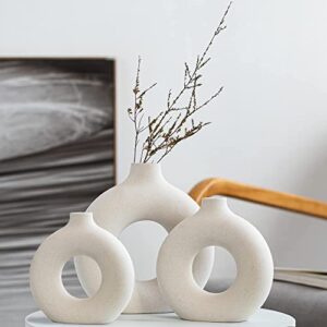 ceramic hollow donut vase set of 3 for pampas grass | neutral modern home decor, small boho minimalist round white | japandi clay beige decorative for bedroom, living, wedding, office, coffee table