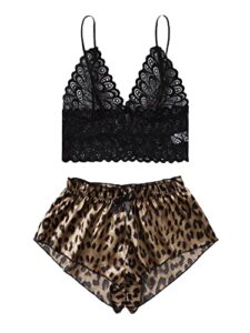 soly hux women's sexy 2 piece lingerie set lace cami and silk satin leopard print pajama set comfy sleepwear khaki and black m