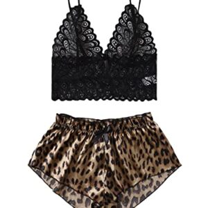 SOLY HUX Women's Sexy 2 Piece Lingerie Set Lace Cami and Silk Satin Leopard Print Pajama Set Comfy Sleepwear Khaki and Black M