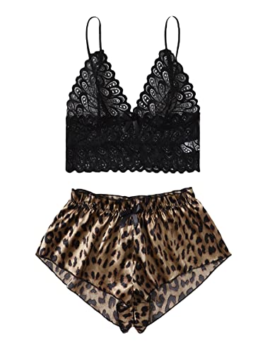 SOLY HUX Women's Sexy 2 Piece Lingerie Set Lace Cami and Silk Satin Leopard Print Pajama Set Comfy Sleepwear Khaki and Black M