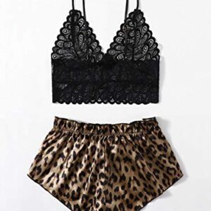 SOLY HUX Women's Sexy 2 Piece Lingerie Set Lace Cami and Silk Satin Leopard Print Pajama Set Comfy Sleepwear Khaki and Black M