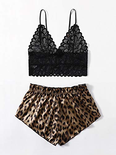 SOLY HUX Women's Sexy 2 Piece Lingerie Set Lace Cami and Silk Satin Leopard Print Pajama Set Comfy Sleepwear Khaki and Black M