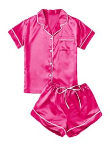 soly hux women's short sleeve satin sleepwear button down shirt & shorts pajama set pink and white s
