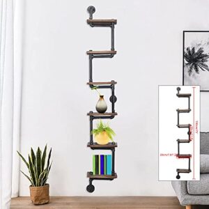 6-Tiers Rustic Floating Wood Shelves Industrial Rustic Iron Pipe, Industrial Bookshelf Modern Ladder Shelf, Vintage Metal Pipes and Wood Shelves, Rustic Display Bookshelf for Storage Collection