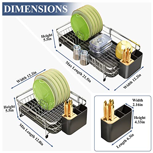 PXRACK Dish Drying Rack, Expandable(12.8"-21.5") Dish Rack with Utensil Holder Cup Holder, Stainless Steel Dish Rack and Drainboard Set for Kitchen Counter, Silver