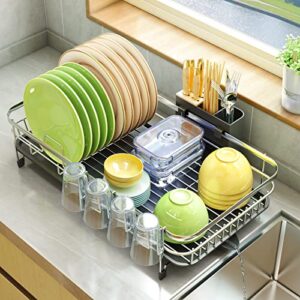 pxrack dish drying rack, expandable(12.8"-21.5") dish rack with utensil holder cup holder, stainless steel dish rack and drainboard set for kitchen counter, silver