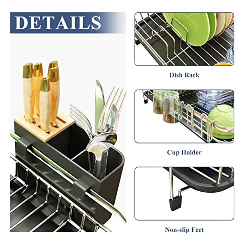PXRACK Dish Drying Rack, Expandable(12.8"-21.5") Dish Rack with Utensil Holder Cup Holder, Stainless Steel Dish Rack and Drainboard Set for Kitchen Counter, Silver