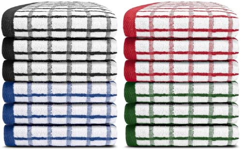 White Classic [12 Pack] Premium Dish Cloths for Kitchen - Heavy Duty Absorbent 100% Cotton 410 GSM Terry Kitchen Towels, 12x12 (Multi)