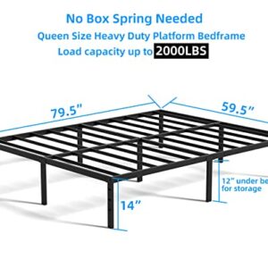 Meberam Queen Size Bed Frame 14 Inch Heavy Duty Metal Platform Bed Mattress Foundation Support No Box Spring Need, Black