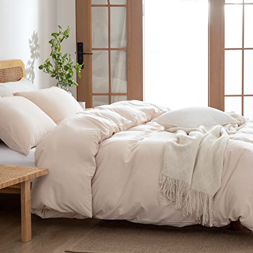 Beige Duvet Cover Queen, 100% Washed Microfiber 3 Pieces Solid Casual Beige Bedding Set for Men and Women, with Zipper Closure, Luxury Ultra Soft Relaxed Feel Natural Wrinkled Comfy (Beige, Queen)