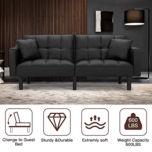 AVAWING Futon Sofa Bed, Modern Leather Convertible Sofa Bed Upholstered Sleeper Sofa Couch Bed with Adjustable Back, Arms and High Strength Nylon Legs for Living Room, Apartment, Office（Black）