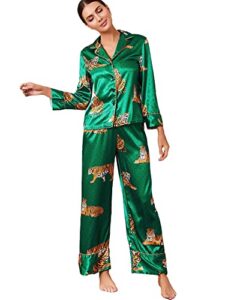 wdirara women's sleepwear striped satin short sleeve shirt and pants pajama set green tiger l