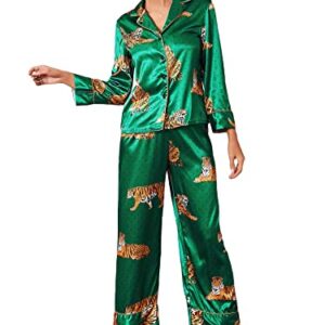 WDIRARA Women's Sleepwear Striped Satin Short Sleeve Shirt and Pants Pajama Set Green Tiger L