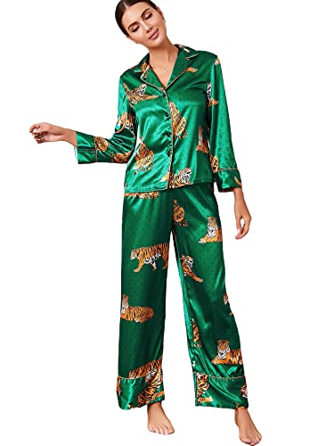 WDIRARA Women's Sleepwear Striped Satin Short Sleeve Shirt and Pants Pajama Set Green Tiger L