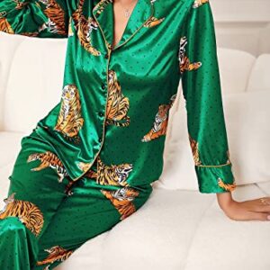 WDIRARA Women's Sleepwear Striped Satin Short Sleeve Shirt and Pants Pajama Set Green Tiger L