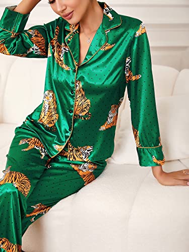 WDIRARA Women's Sleepwear Striped Satin Short Sleeve Shirt and Pants Pajama Set Green Tiger L