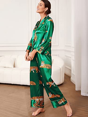 WDIRARA Women's Sleepwear Striped Satin Short Sleeve Shirt and Pants Pajama Set Green Tiger L