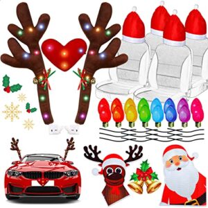tallew 36 pieces christmas reindeer antlers car decoration kit with light bulb lamp santa claus reindeer santa hat car seat headrest cover for car accessories christmas car decoration