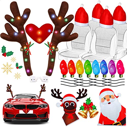 Tallew 36 Pieces Christmas Reindeer Antlers Car Decoration Kit with Light Bulb Lamp Santa Claus Reindeer Santa Hat Car Seat Headrest Cover for Car Accessories Christmas Car Decoration