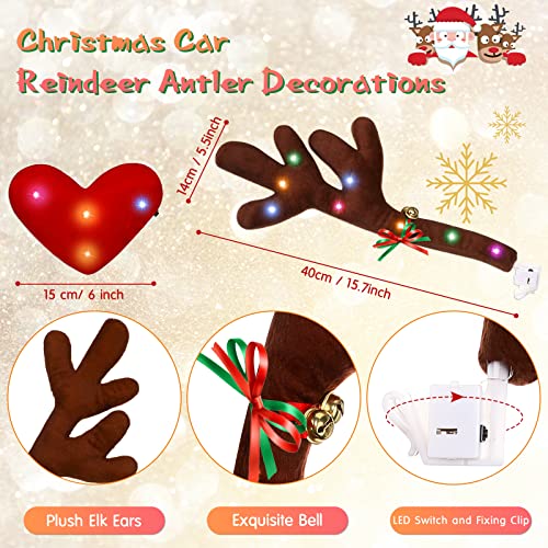 Tallew 36 Pieces Christmas Reindeer Antlers Car Decoration Kit with Light Bulb Lamp Santa Claus Reindeer Santa Hat Car Seat Headrest Cover for Car Accessories Christmas Car Decoration